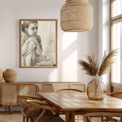 This delicate sketch captures the quiet introspection of a young girl, seated thoughtfully beside a for Extra Kitchen