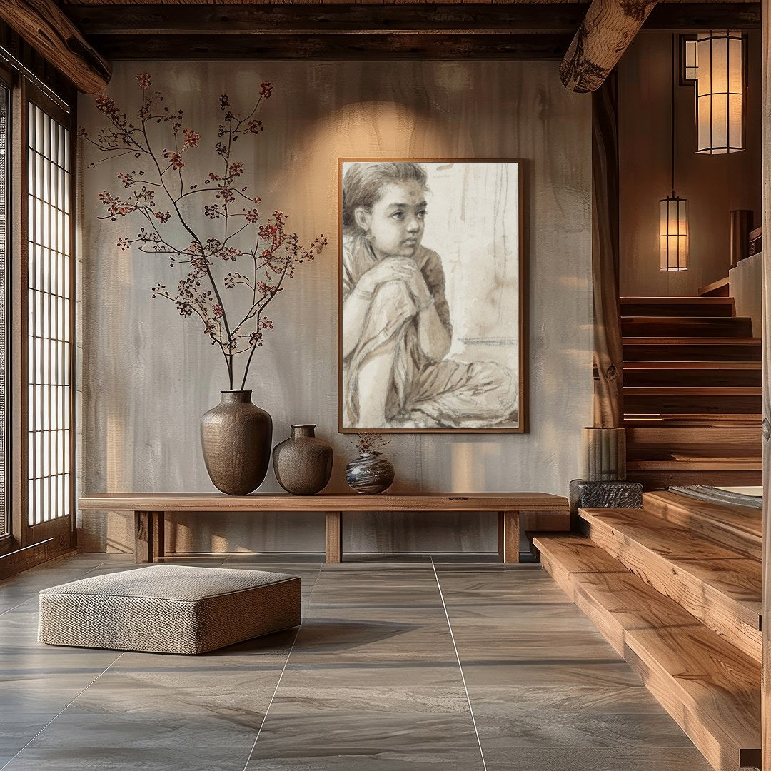 This delicate sketch captures the quiet introspection of a young girl, seated thoughtfully beside a for Hall