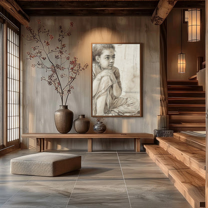 This delicate sketch captures the quiet introspection of a young girl, seated thoughtfully beside a for Hall