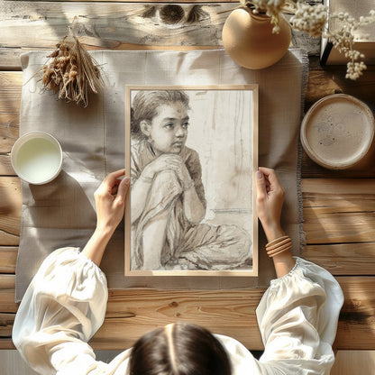 This delicate sketch captures the quiet introspection of a young girl, seated thoughtfully beside a for Kitchen
