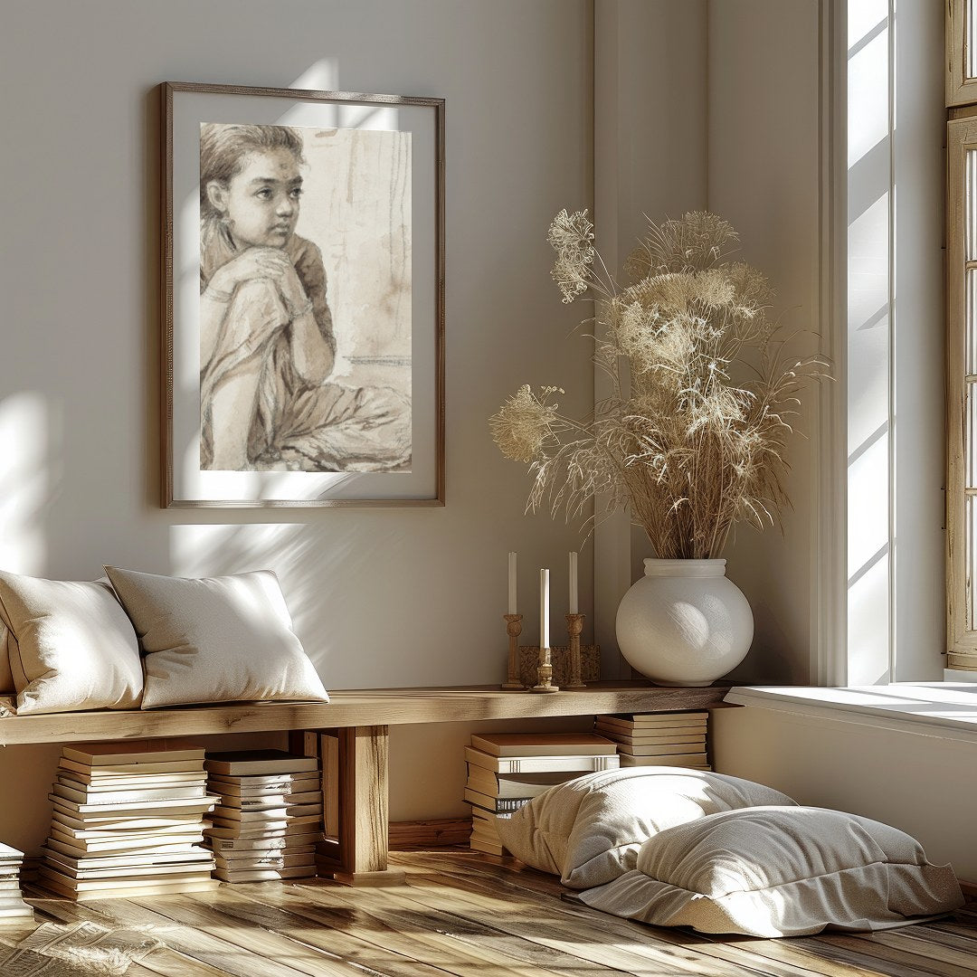 This delicate sketch captures the quiet introspection of a young girl, seated thoughtfully beside a for nook