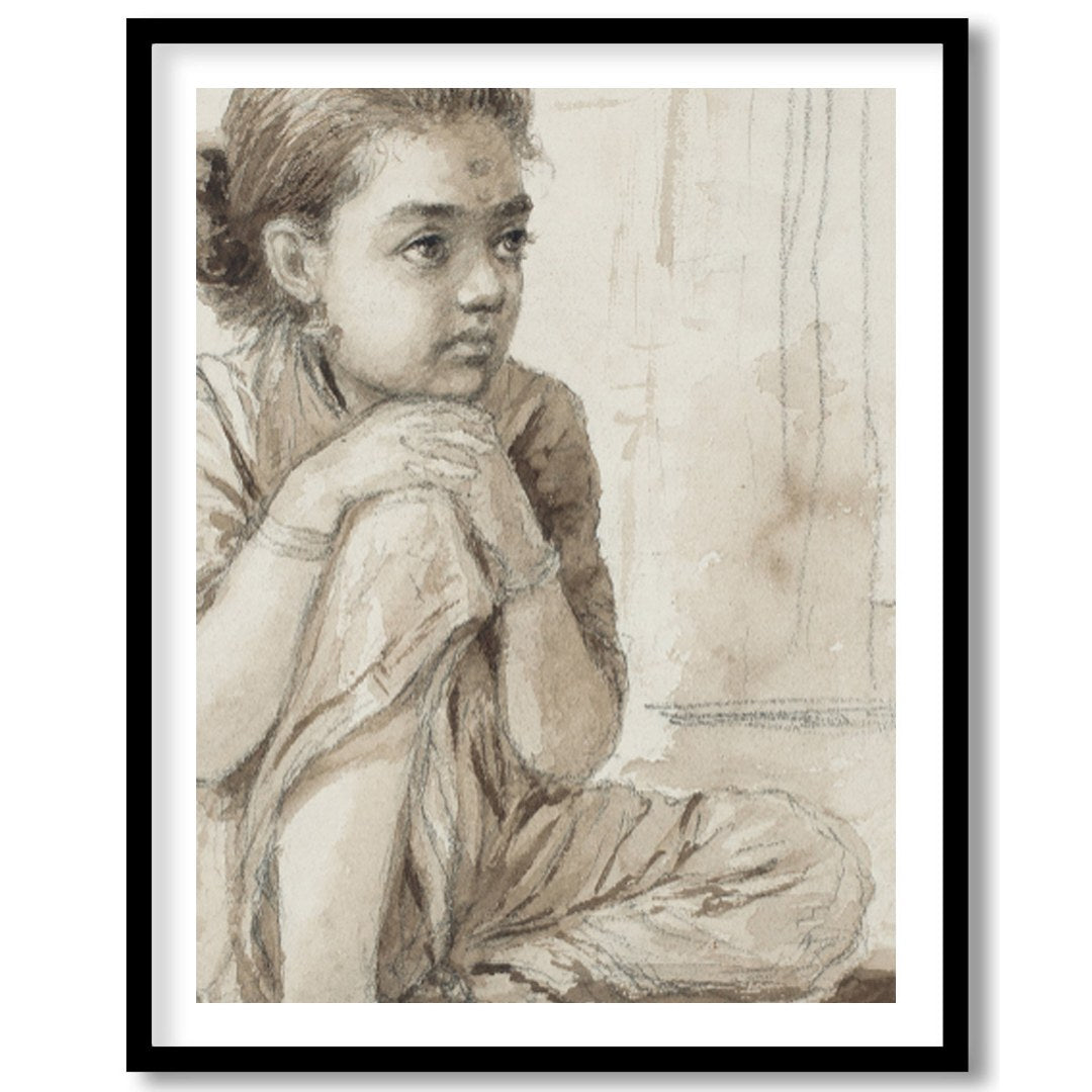 This delicate sketch captures the quiet introspection of a young girl, seated thoughtfully beside a for office