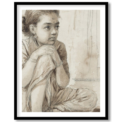 This delicate sketch captures the quiet introspection of a young girl, seated thoughtfully beside a for office