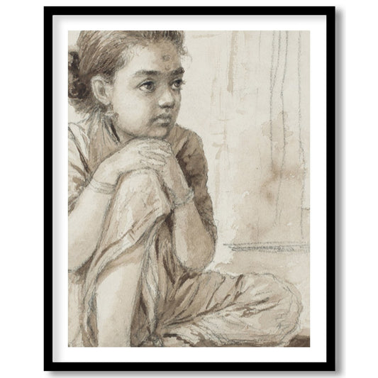 This delicate sketch captures the quiet introspection of a young girl, seated thoughtfully beside a for office