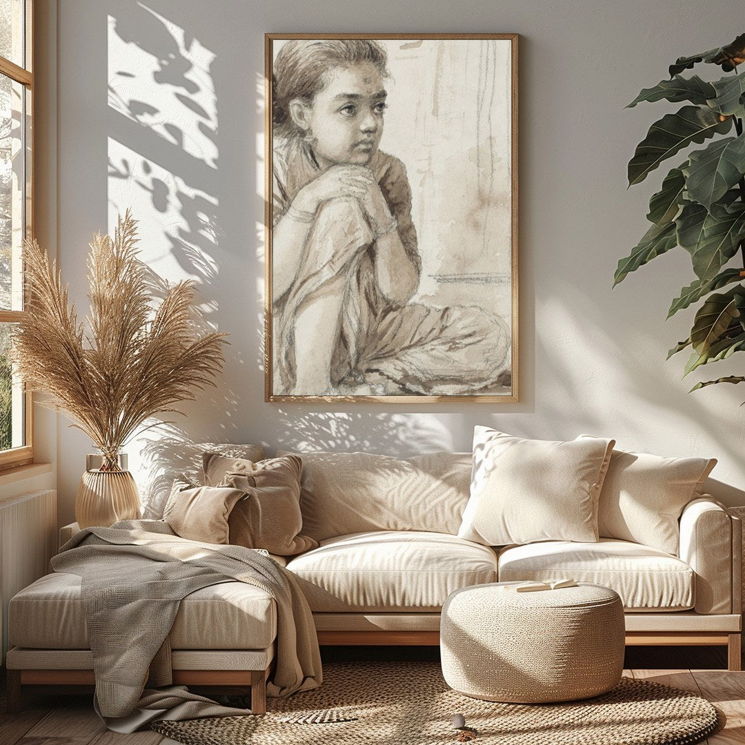 This delicate sketch captures the quiet introspection of a young girl, seated thoughtfully beside a for Sitting Area