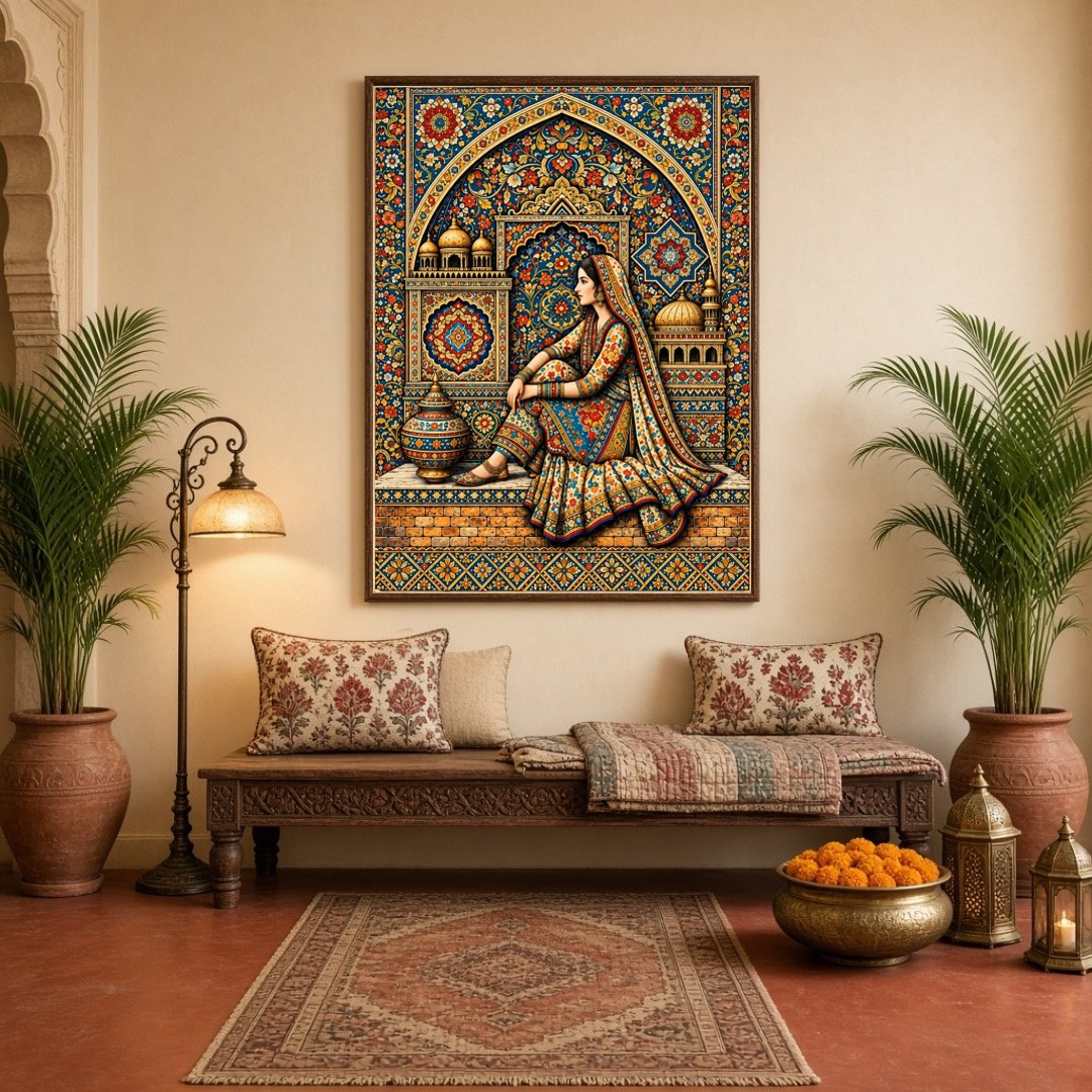 Immerse yourself in the intricate elegance of Mughal artistry with this exquisite print. Featuring for Hallway
