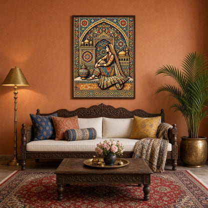 Immerse yourself in the intricate elegance of Mughal artistry with this exquisite print. Featuring for Living Room