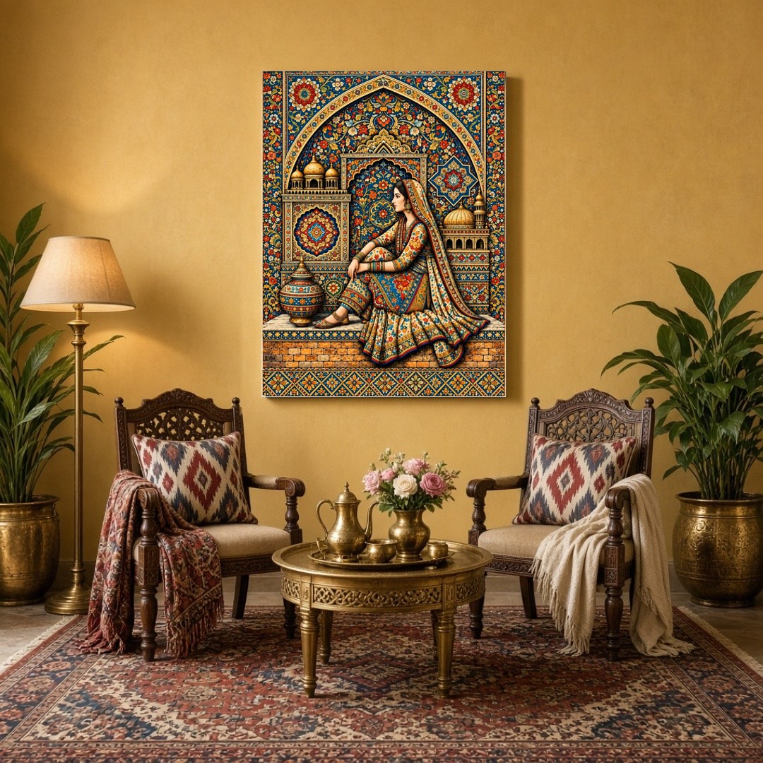 Immerse yourself in the intricate elegance of Mughal artistry with this exquisite print. Featuring for Sitting Area