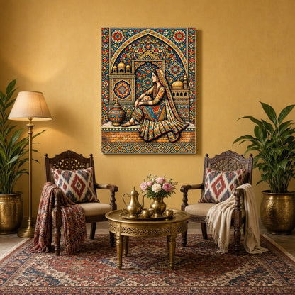 Immerse yourself in the intricate elegance of Mughal artistry with this exquisite print. Featuring for Sitting Area