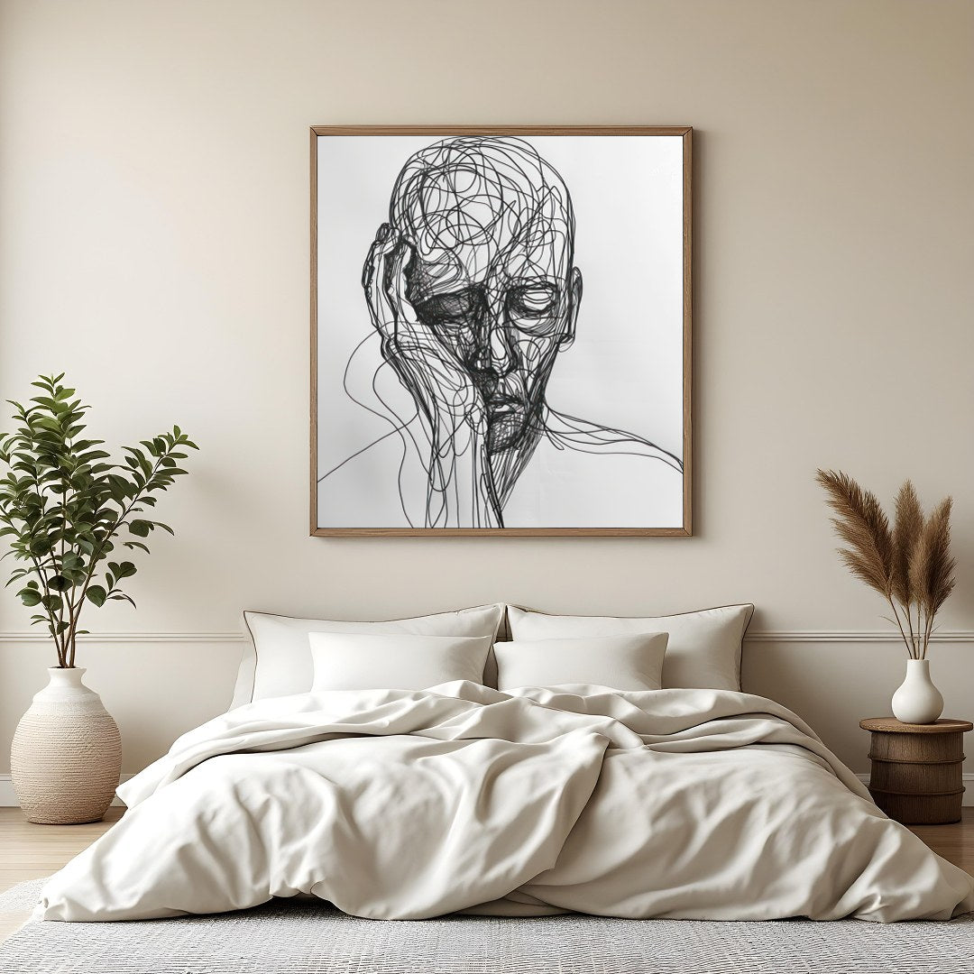 This striking piece features a portrait intricately rendered in flowing lines against a minimalist for Bedroom