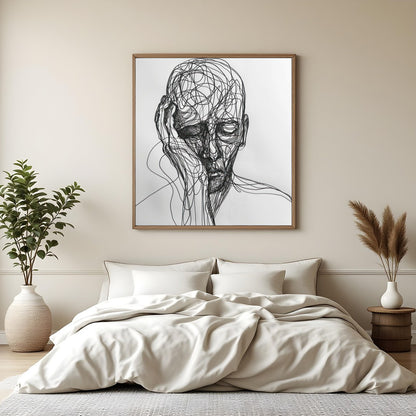 This striking piece features a portrait intricately rendered in flowing lines against a minimalist for Bedroom