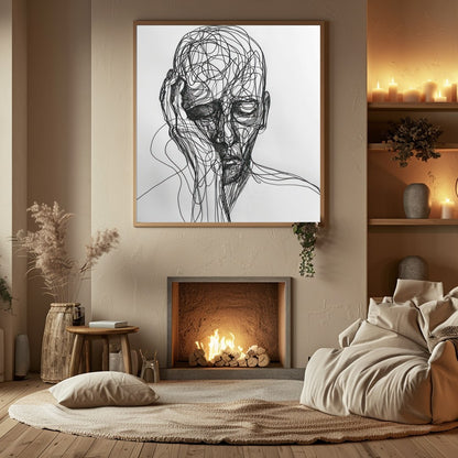 This striking piece features a portrait intricately rendered in flowing lines against a minimalist for Hall