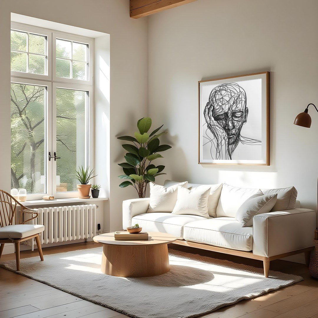This striking piece features a portrait intricately rendered in flowing lines against a minimalist for Living Room