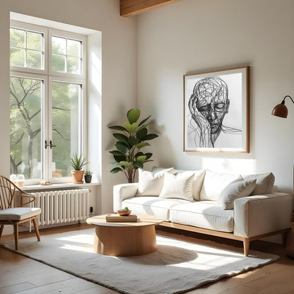 This striking piece features a portrait intricately rendered in flowing lines against a minimalist for Living Room