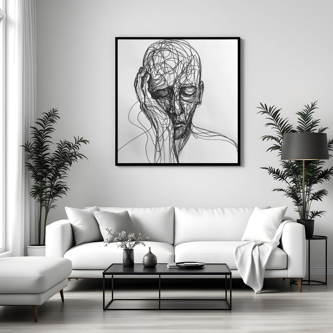 This striking piece features a portrait intricately rendered in flowing lines against a minimalist for Sitting Area