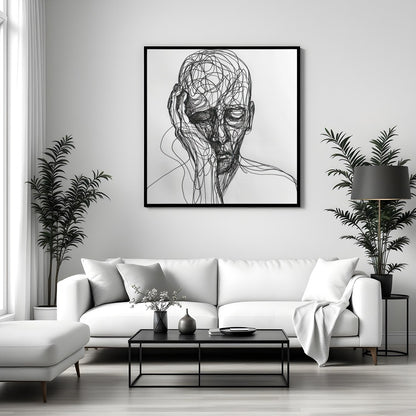 This striking piece features a portrait intricately rendered in flowing lines against a minimalist for Sitting Area