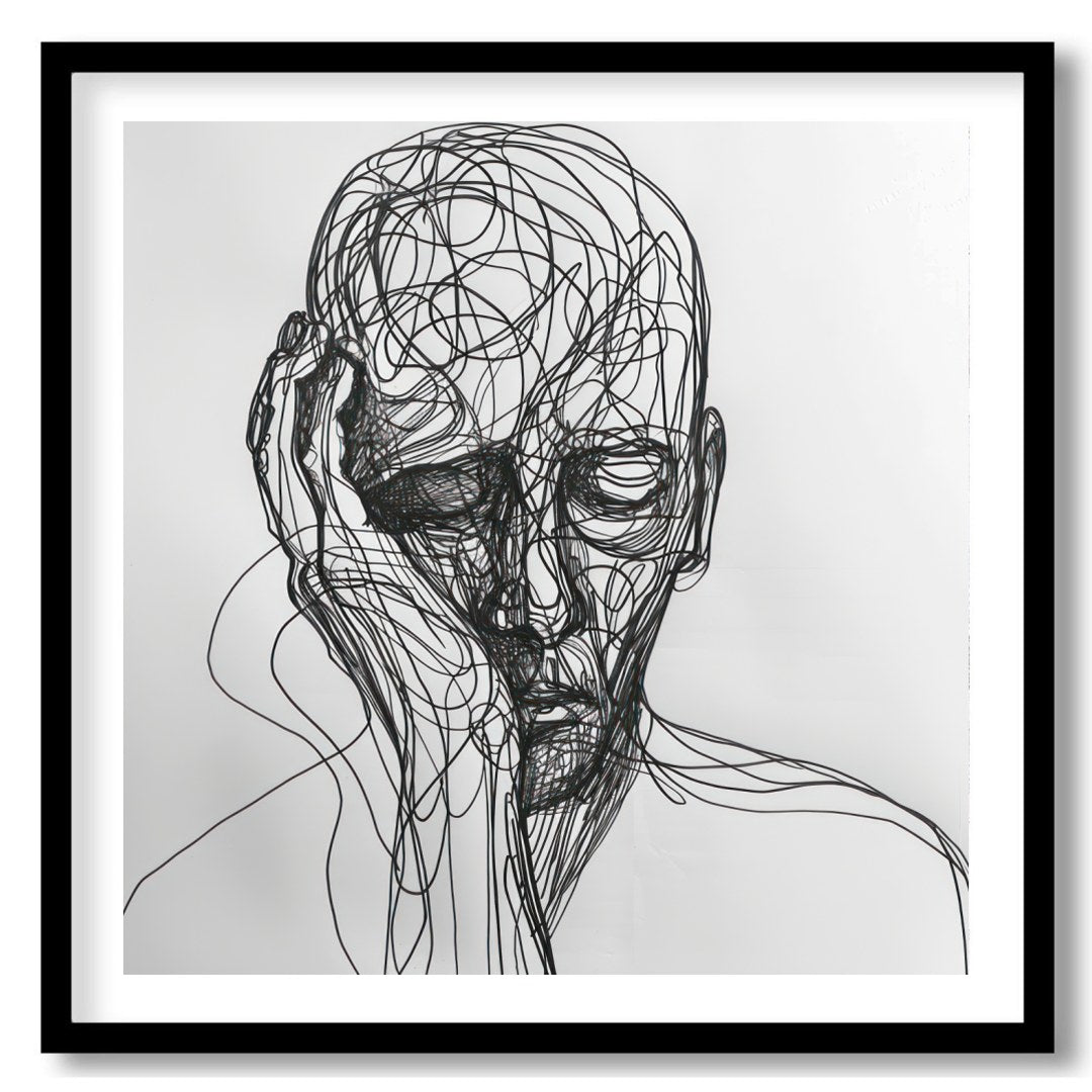 This striking piece features a portrait intricately rendered in flowing lines against a minimalist for sweet-home