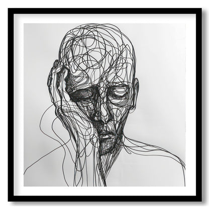 This striking piece features a portrait intricately rendered in flowing lines against a minimalist for sweet-home