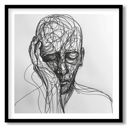 This striking piece features a portrait intricately rendered in flowing lines against a minimalist for sweet-home