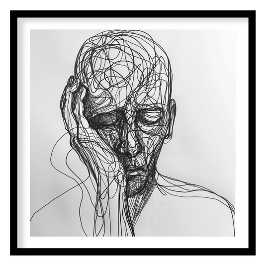This striking piece features a portrait intricately rendered in flowing lines against a minimalist for sweet-home