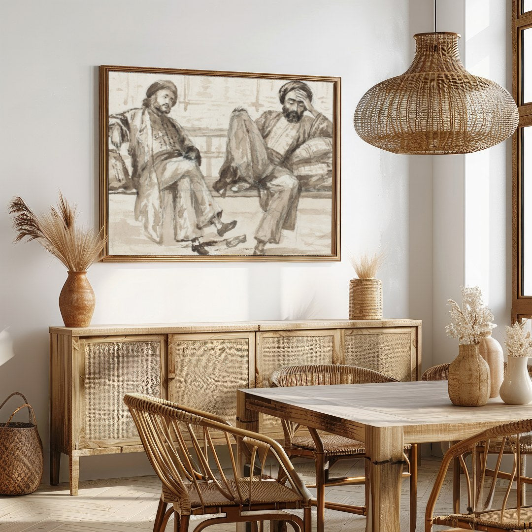 Capture the essence of quiet introspection with this artwork, featuring two figures seated in a for Dining