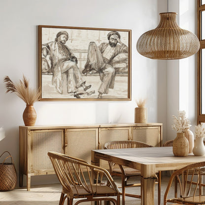 Capture the essence of quiet introspection with this artwork, featuring two figures seated in a for Dining
