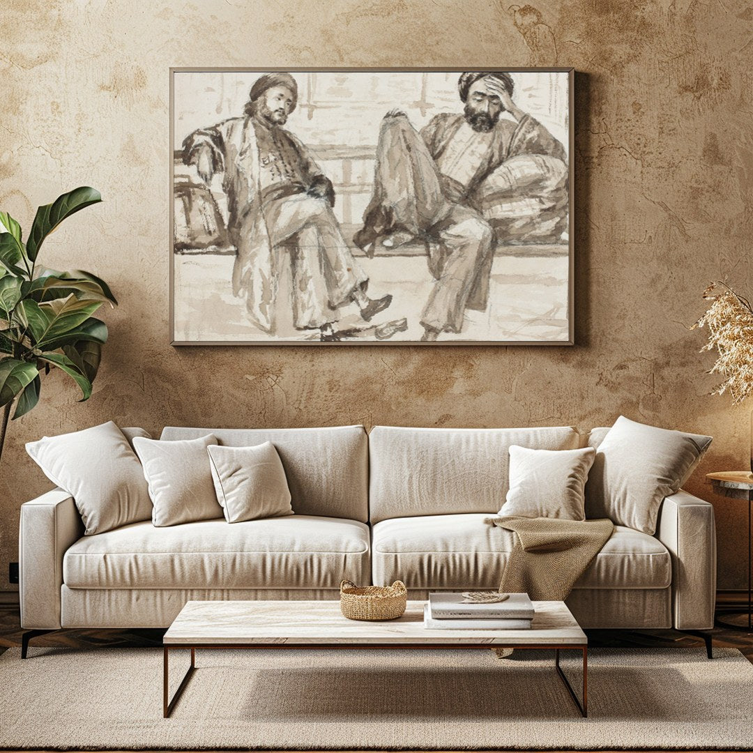 Capture the essence of quiet introspection with this artwork, featuring two figures seated in a for Family Room