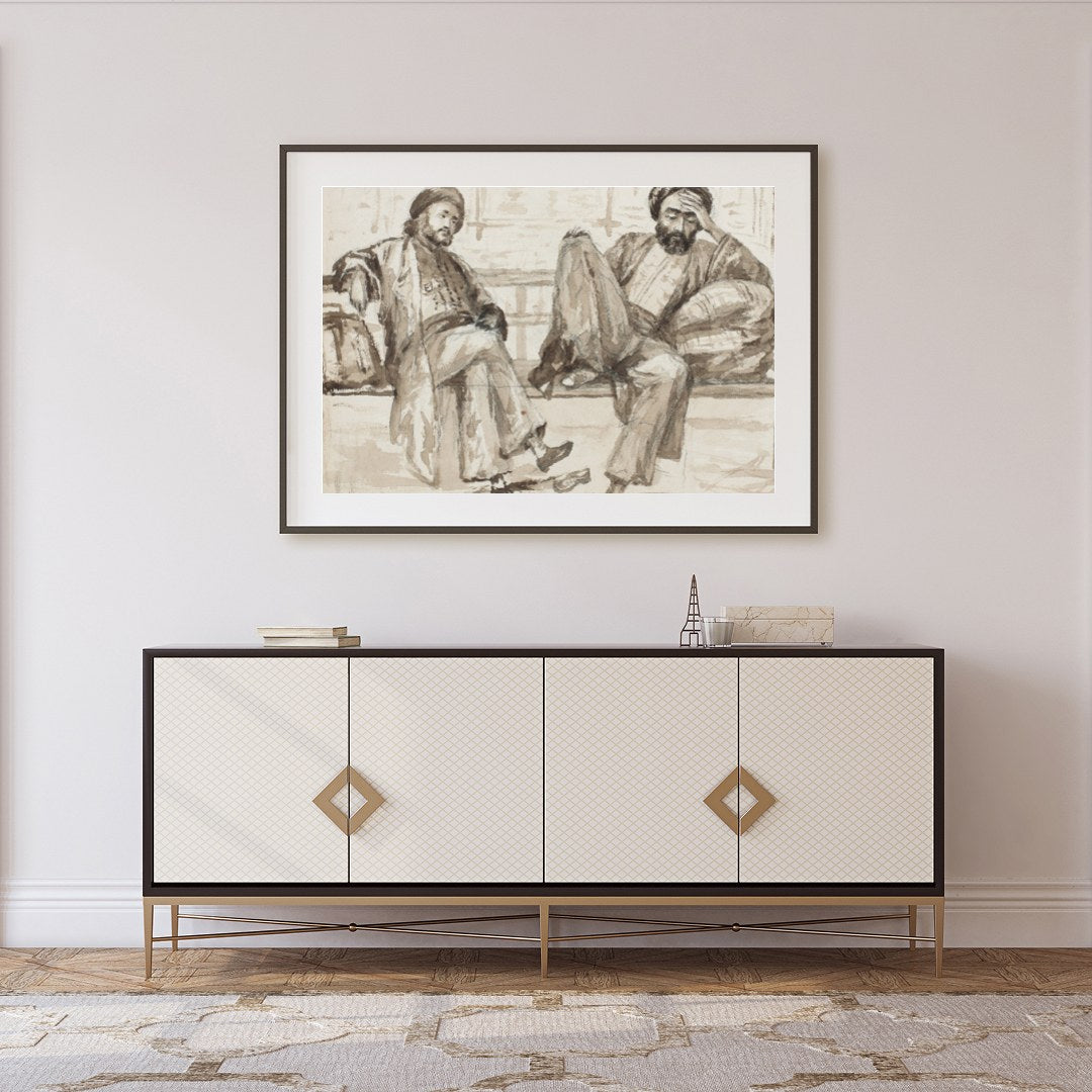 Capture the essence of quiet introspection with this artwork, featuring two figures seated in a for Foyer