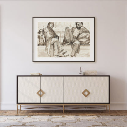 Capture the essence of quiet introspection with this artwork, featuring two figures seated in a for Foyer