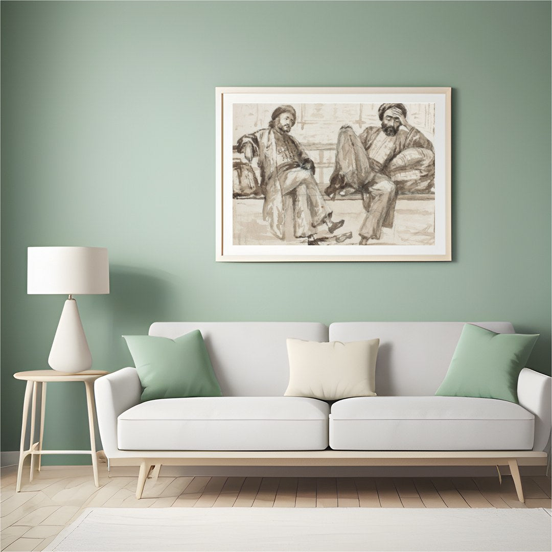 Capture the essence of quiet introspection with this artwork, featuring two figures seated in a for Hall