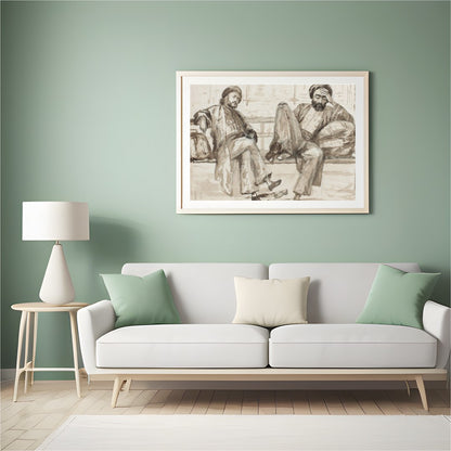 Capture the essence of quiet introspection with this artwork, featuring two figures seated in a for Hall
