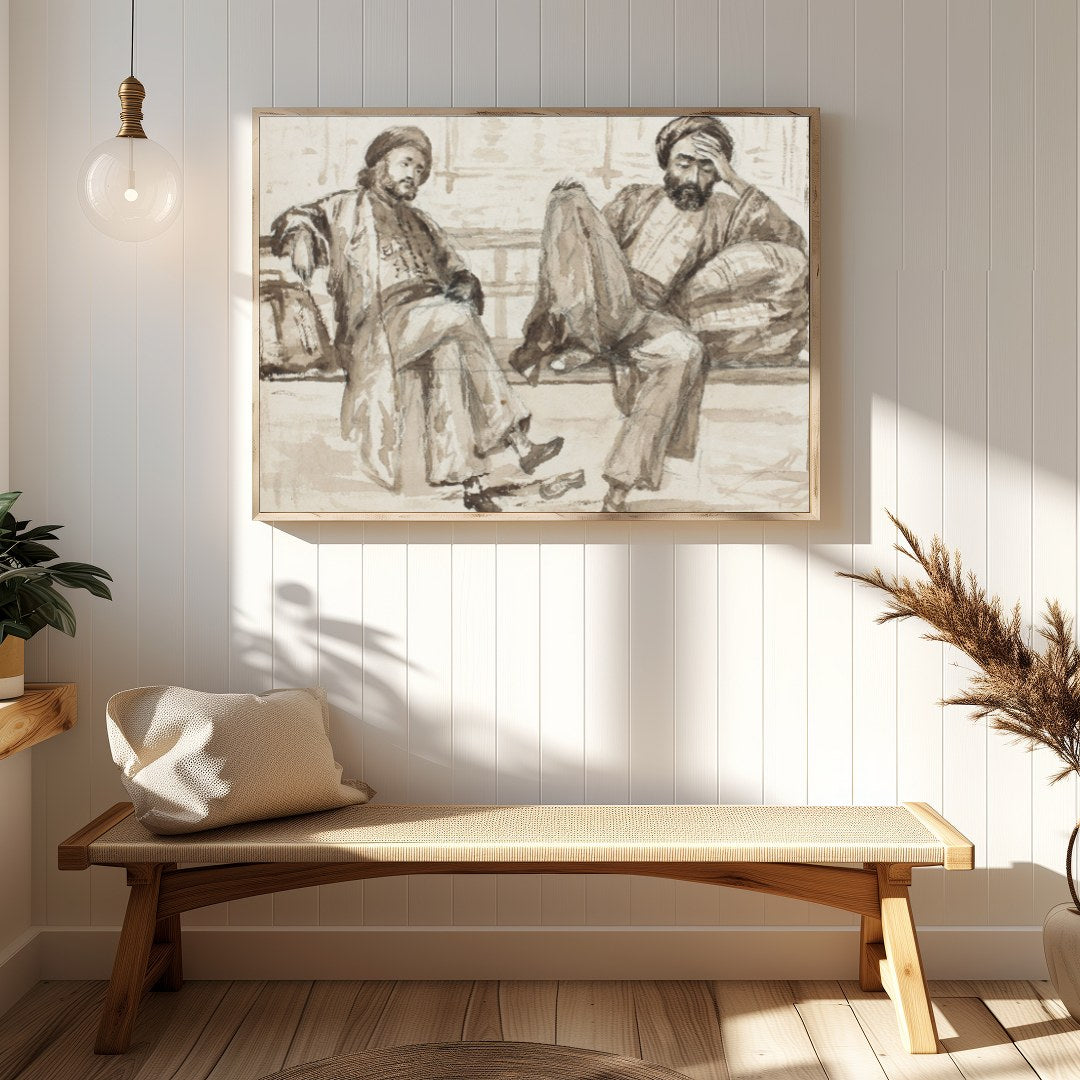 Capture the essence of quiet introspection with this artwork, featuring two figures seated in a for Hallway