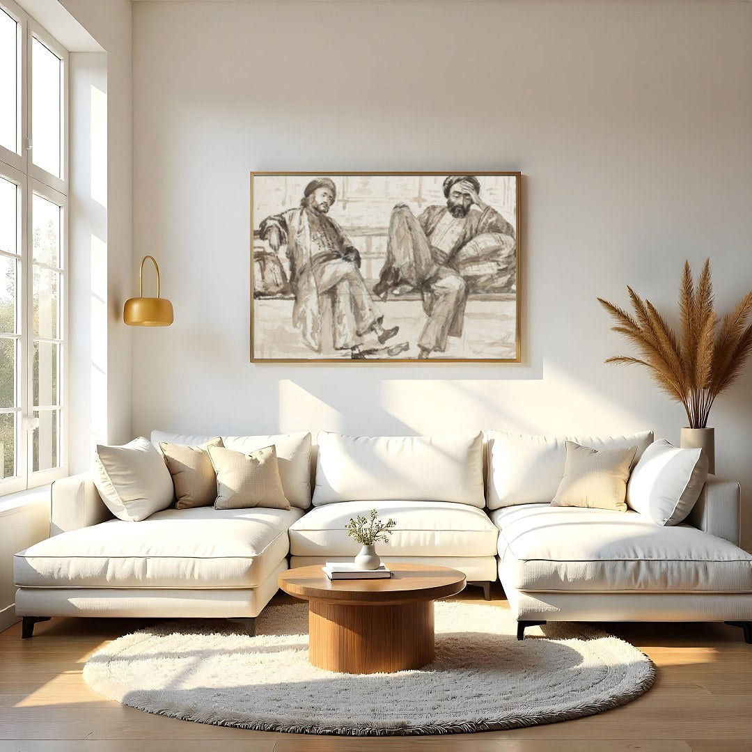 Capture the essence of quiet introspection with this artwork, featuring two figures seated in a for Living Room