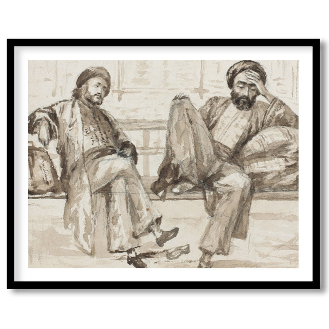 Capture the essence of quiet introspection with this artwork, featuring two figures seated in a for nook