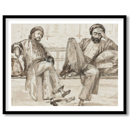 Capture the essence of quiet introspection with this artwork, featuring two figures seated in a for nook
