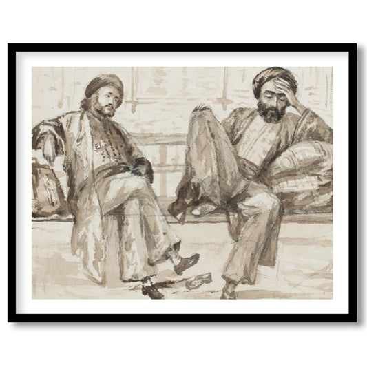 Capture the essence of quiet introspection with this artwork, featuring two figures seated in a for nook