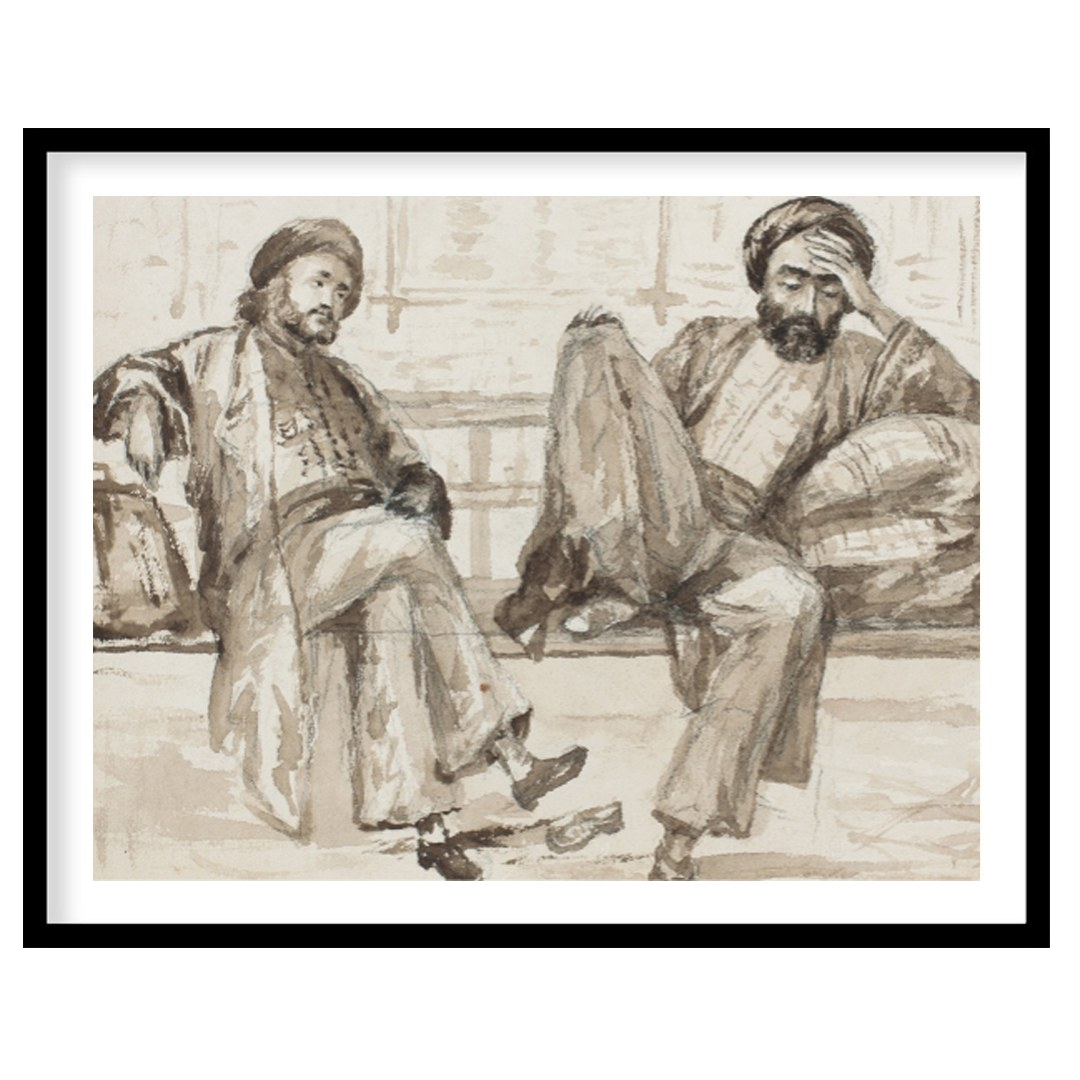 Capture the essence of quiet introspection with this artwork, featuring two figures seated in a for nook