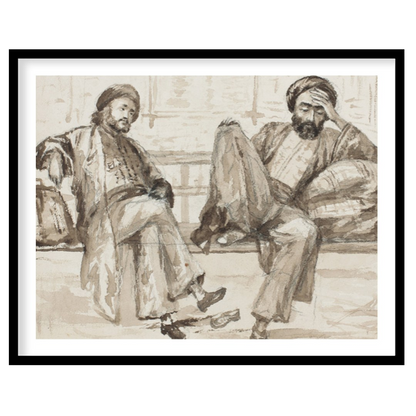 Capture the essence of quiet introspection with this artwork, featuring two figures seated in a for nook
