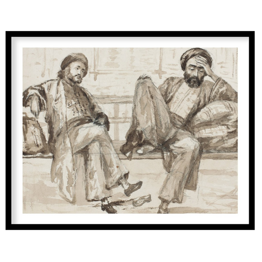 Capture the essence of quiet introspection with this artwork, featuring two figures seated in a for nook