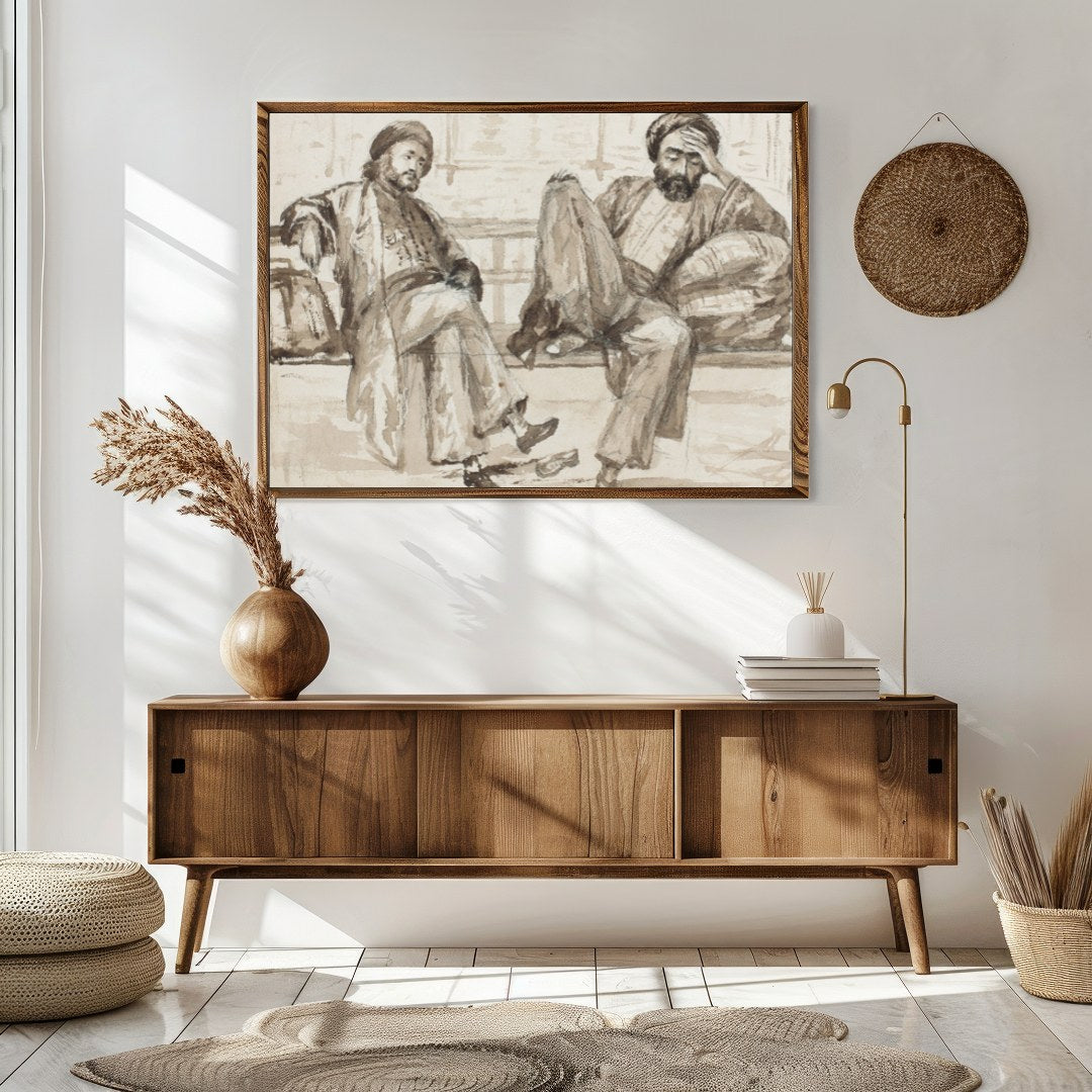 Capture the essence of quiet introspection with this artwork, featuring two figures seated in a for Sitting Area