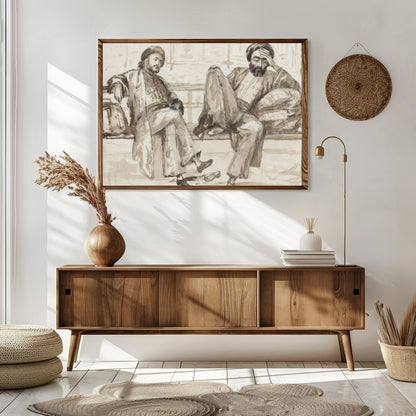 Capture the essence of quiet introspection with this artwork, featuring two figures seated in a for Sitting Area