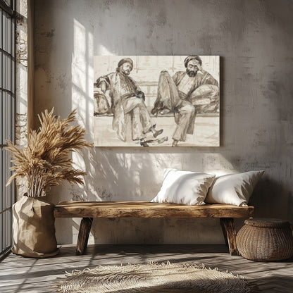 Capture the essence of quiet introspection with this artwork, featuring two figures seated in a for Veranda