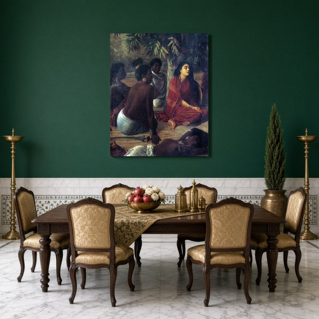 Immerse yourself in the serene elegance of Raja Ravi Varma's masterful depiction of contemplative for Dining