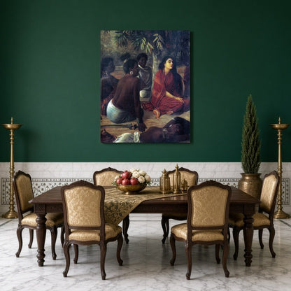 Immerse yourself in the serene elegance of Raja Ravi Varma's masterful depiction of contemplative for Dining