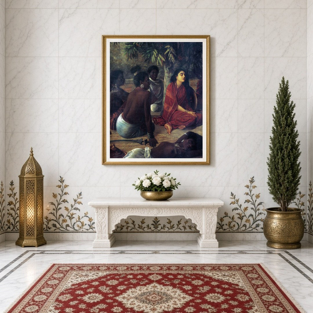 Immerse yourself in the serene elegance of Raja Ravi Varma's masterful depiction of contemplative for Entrance