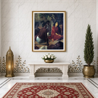 Immerse yourself in the serene elegance of Raja Ravi Varma's masterful depiction of contemplative for Entrance