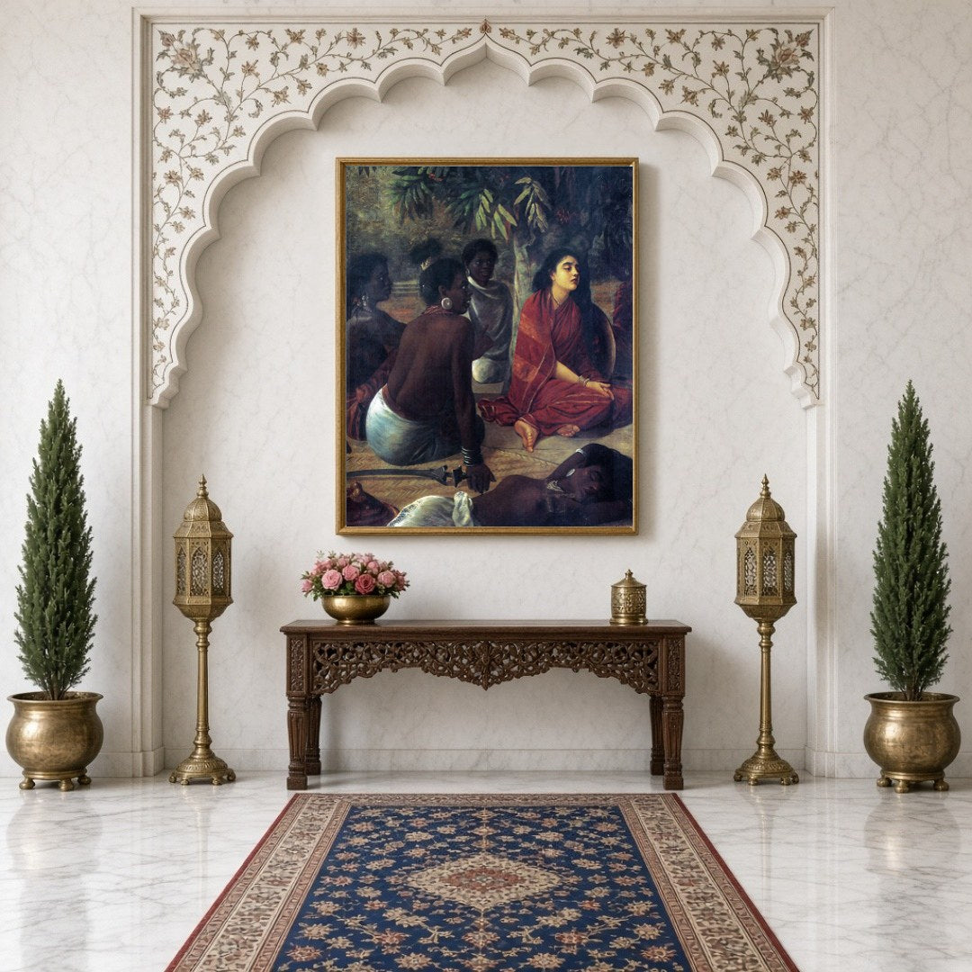 Immerse yourself in the serene elegance of Raja Ravi Varma's masterful depiction of contemplative for Hallway