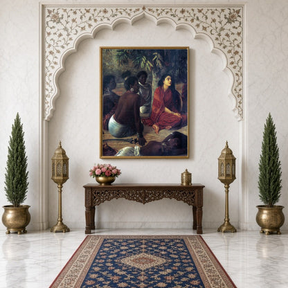 Immerse yourself in the serene elegance of Raja Ravi Varma's masterful depiction of contemplative for Hallway