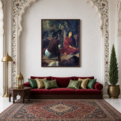 Immerse yourself in the serene elegance of Raja Ravi Varma's masterful depiction of contemplative for Living Room