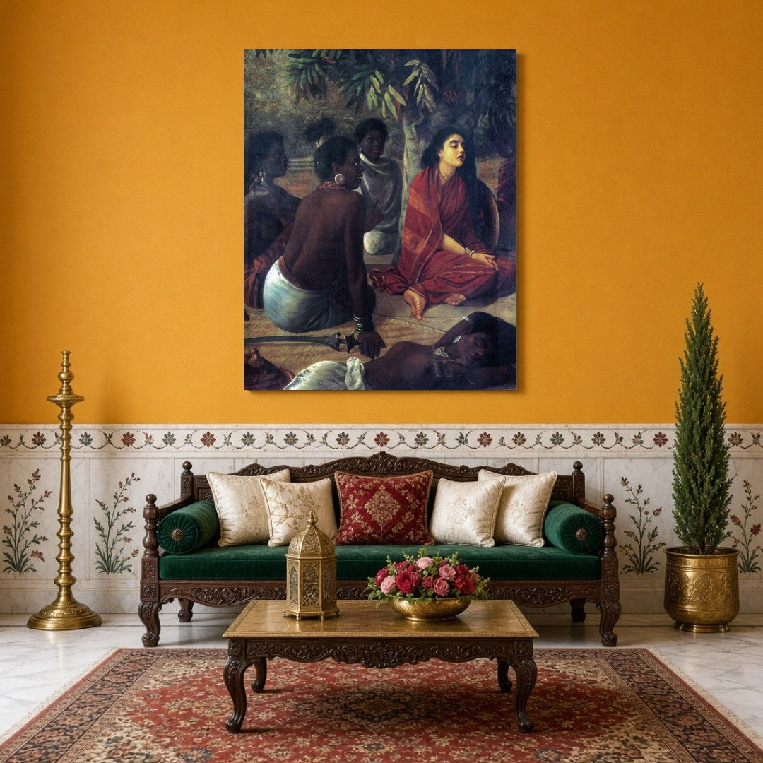 Immerse yourself in the serene elegance of Raja Ravi Varma's masterful depiction of contemplative for Sitting Area